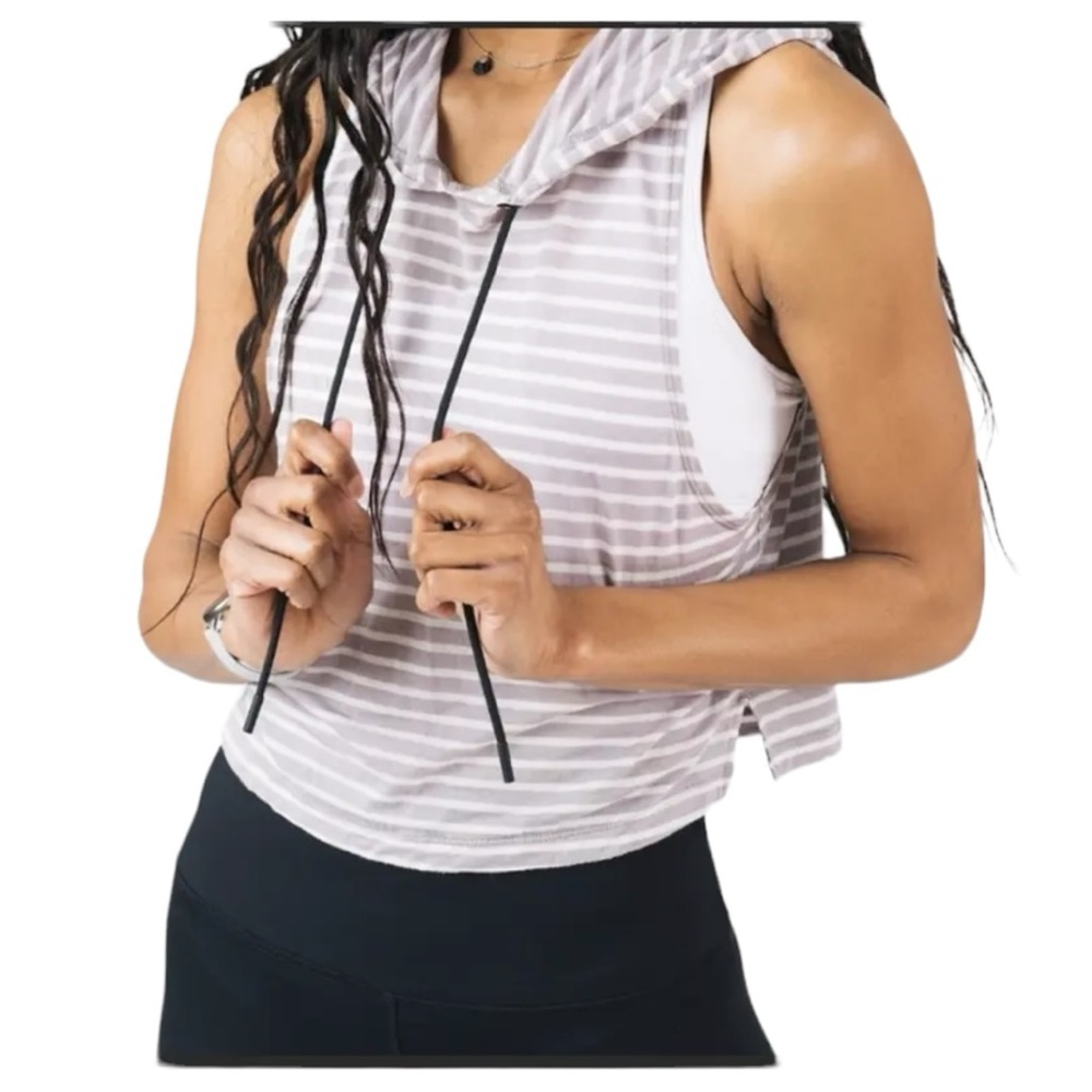 ZYIA Active Crop Hoodie Top Striped Sleeveless Muscle Tee Tank Lightweight Sz S